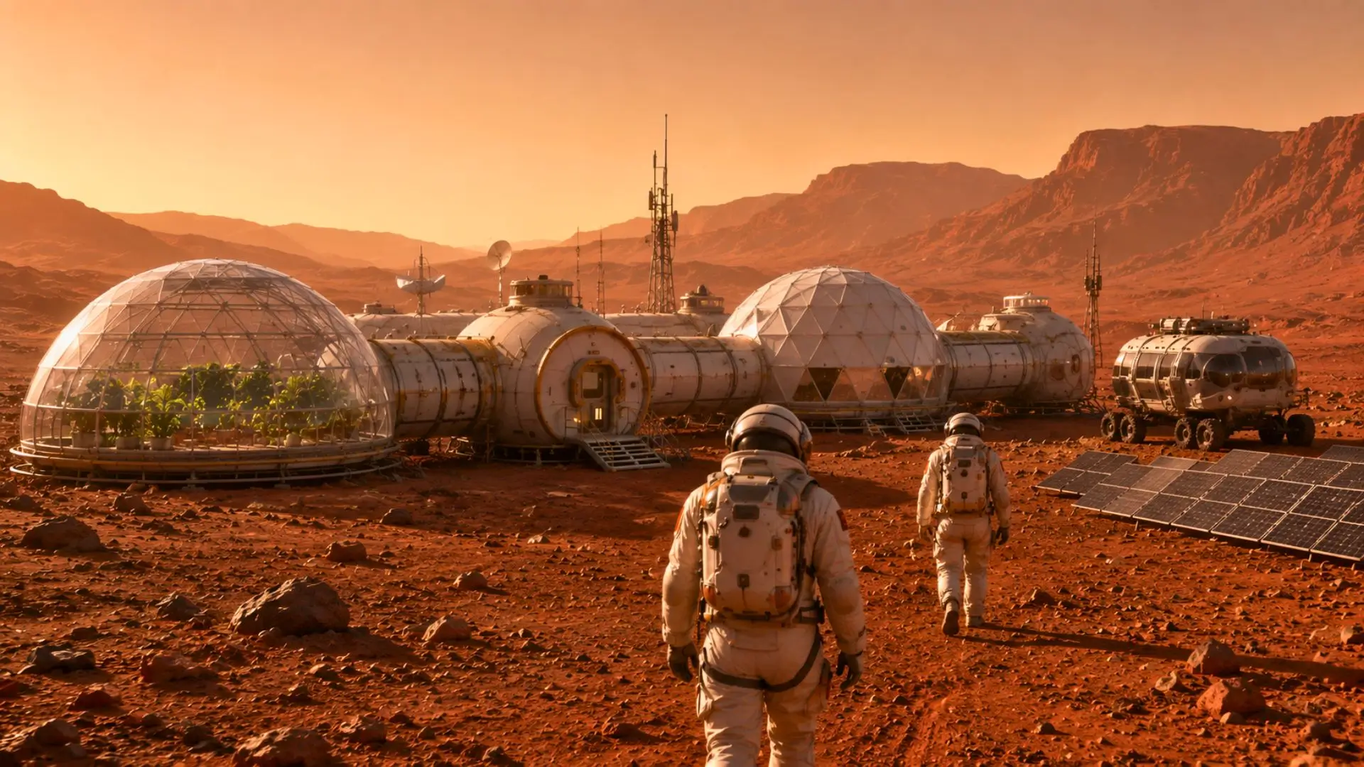 Astronautes de dos marchant vers une base martienne dans un paysage rocheux.