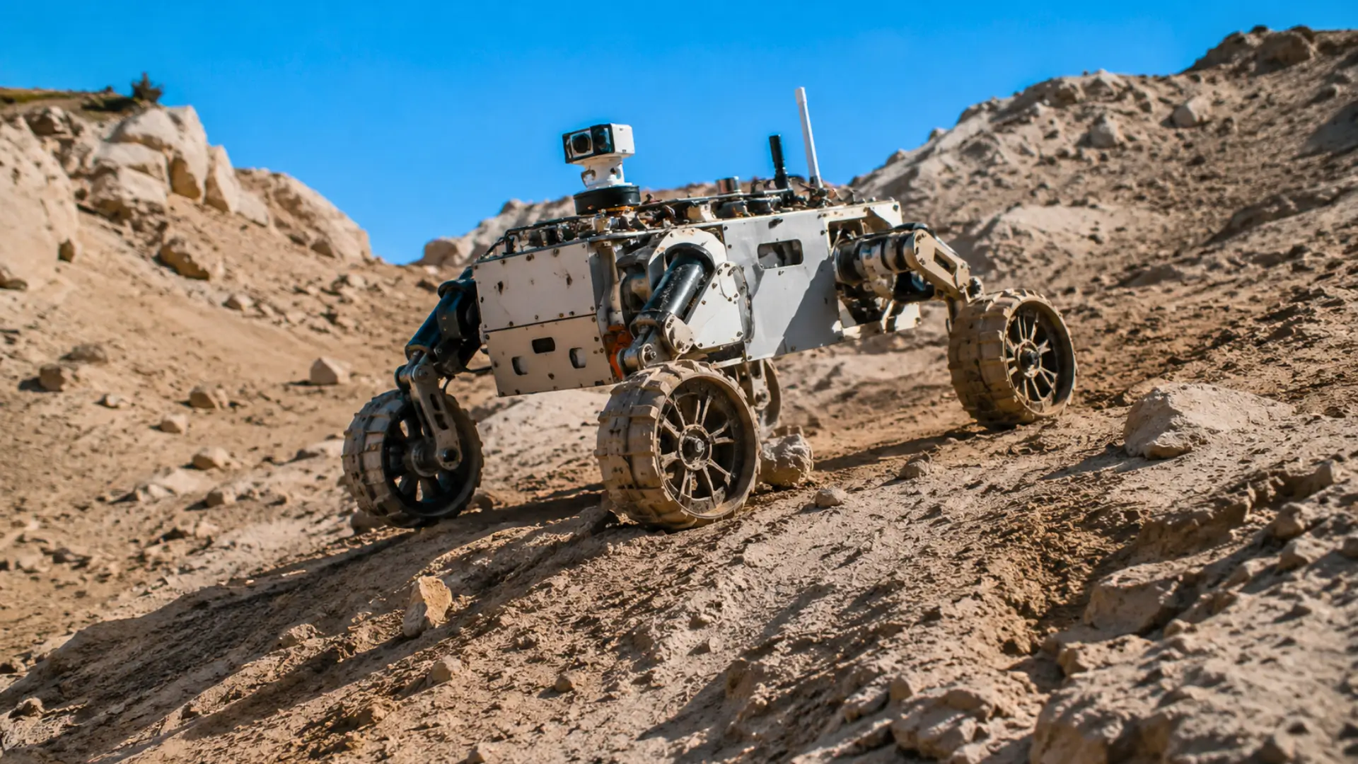 Rover lunaire compact à quatre roues gravissant une pente rocheuse dans un désert californien sous un ciel bleu.