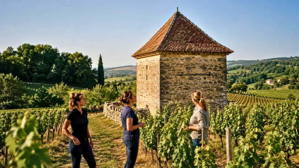 Trois vigneronnes observent un ancien pigeonnier en pierre restauré au milieu des vignes de Gaillac, dans le Tarn.