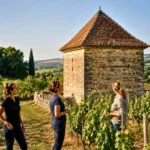 Trois vigneronnes observent un ancien pigeonnier en pierre restauré au milieu des vignes de Gaillac, dans le Tarn.