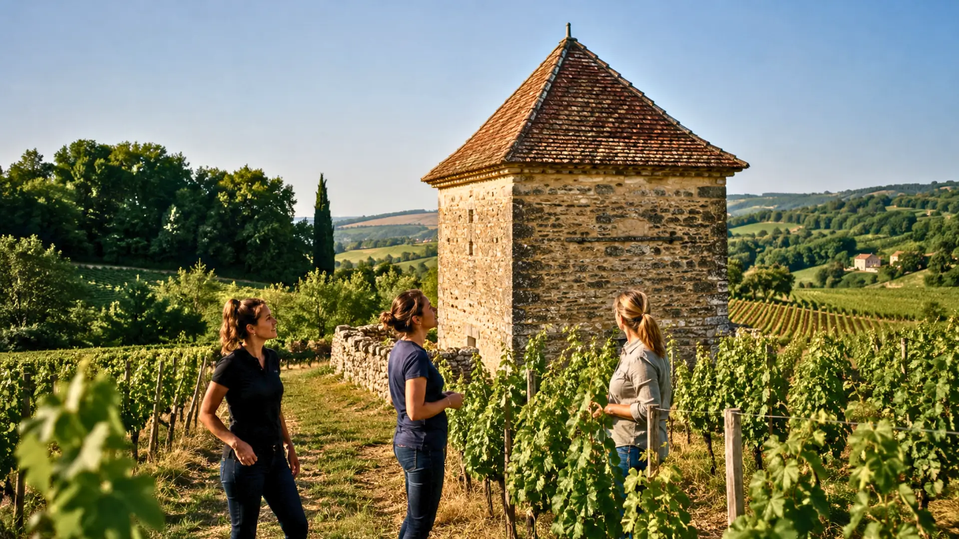 Trois vigneronnes observent un ancien pigeonnier en pierre restauré au milieu des vignes de Gaillac, dans le Tarn.