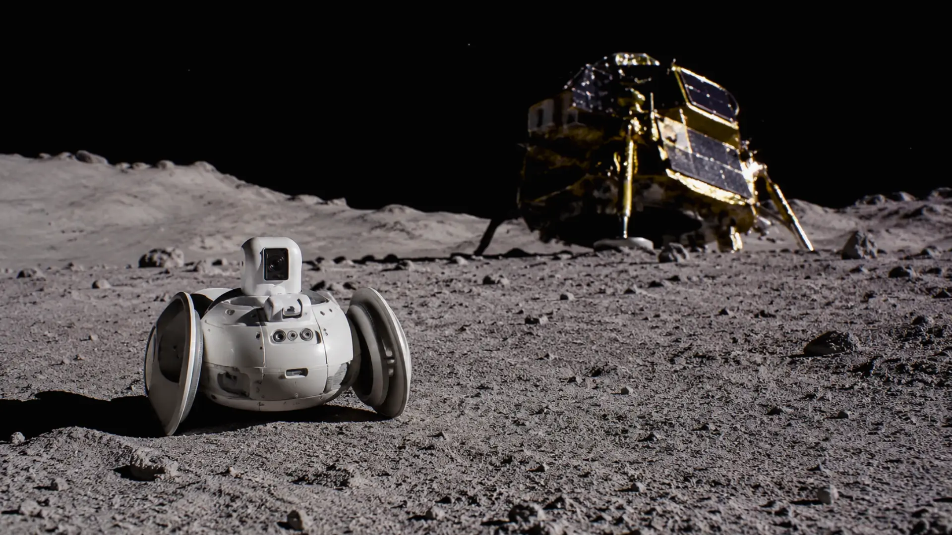 Mini rover japonais SORA-Q déployé sur le sol lunaire, avec l’atterrisseur SLIM visible en arrière-plan.