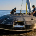 Capsule spatiale sombre de type Starfall posée sur le pont d’un navire de récupération, inspectée par des techniciens en mer.