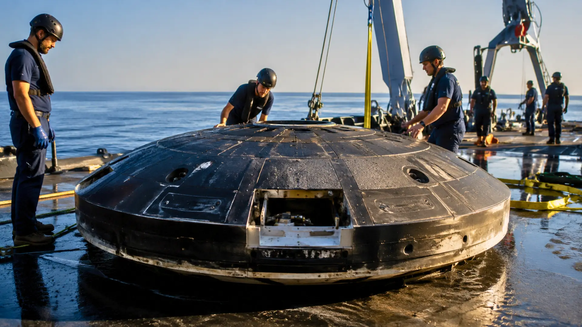 Capsule spatiale sombre de type Starfall posée sur le pont d’un navire de récupération, inspectée par des techniciens en mer.
