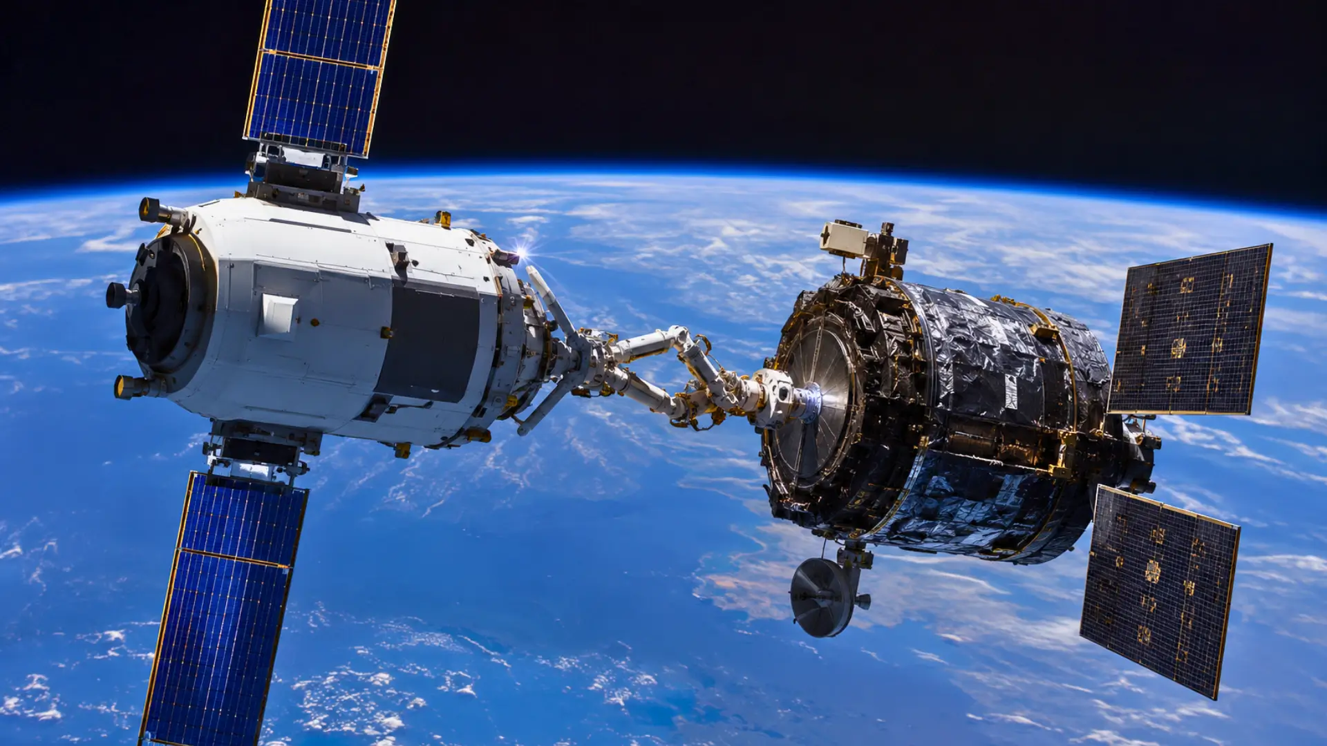 Un véhicule spatial européen approche un satellite en orbite basse avec un bras robotique de capture, au-dessus de la Terre.