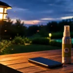 Lampe de jardin allumée en soirée avec quelques moustiques, un smartphone et un spray répulsif posés sur une table en bois.