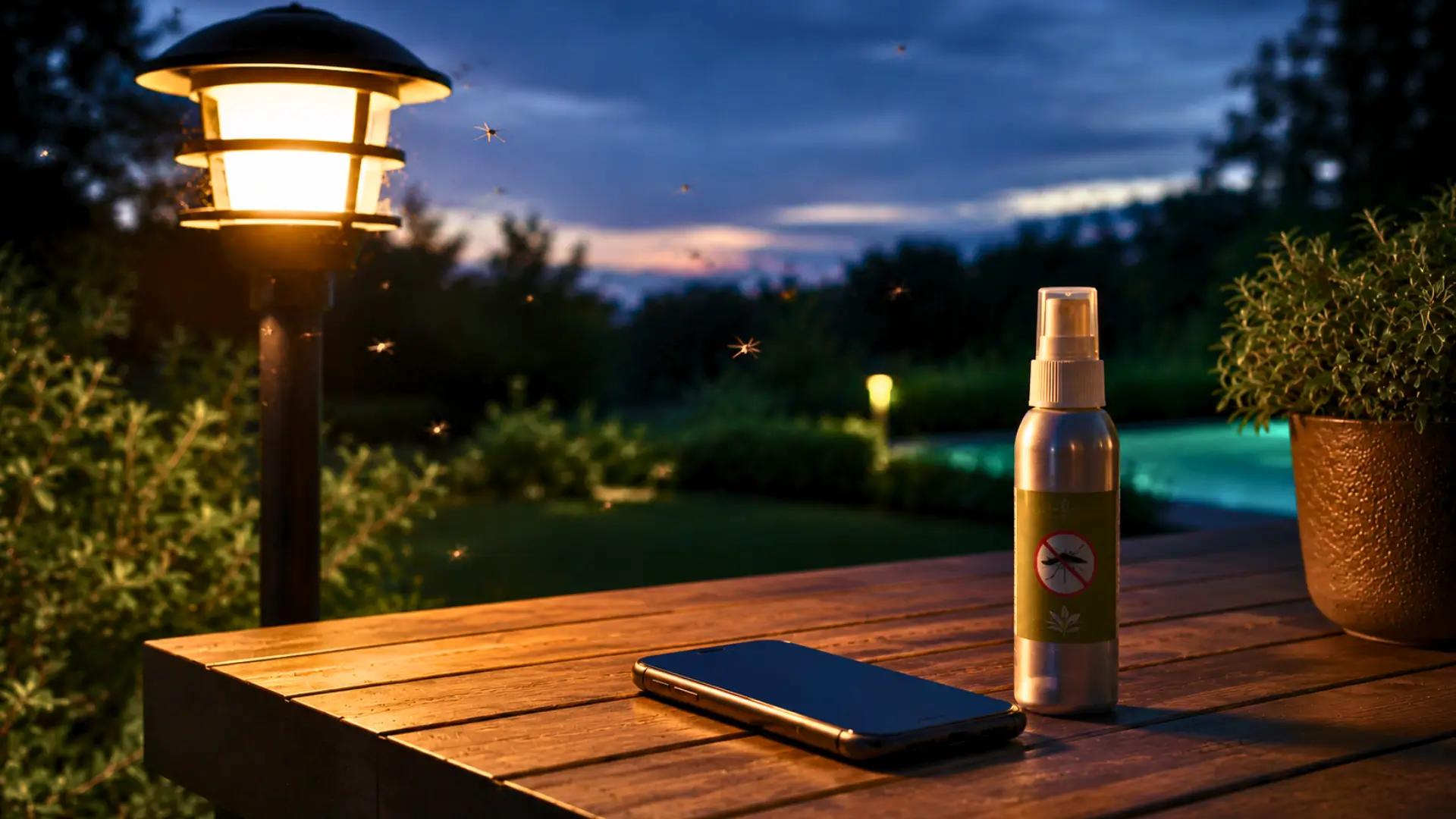 Lampe de jardin allumée en soirée avec quelques moustiques, un smartphone et un spray répulsif posés sur une table en bois.
