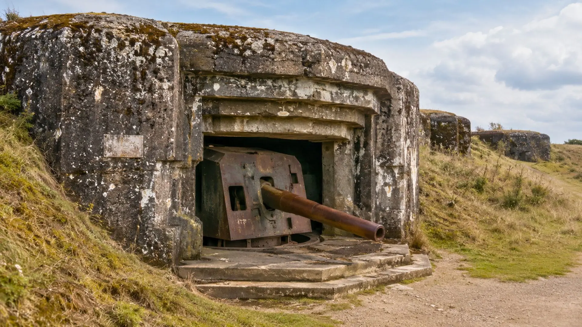 Ancien bunker en béton de la ligne Maginot sur une colline herbeuse.