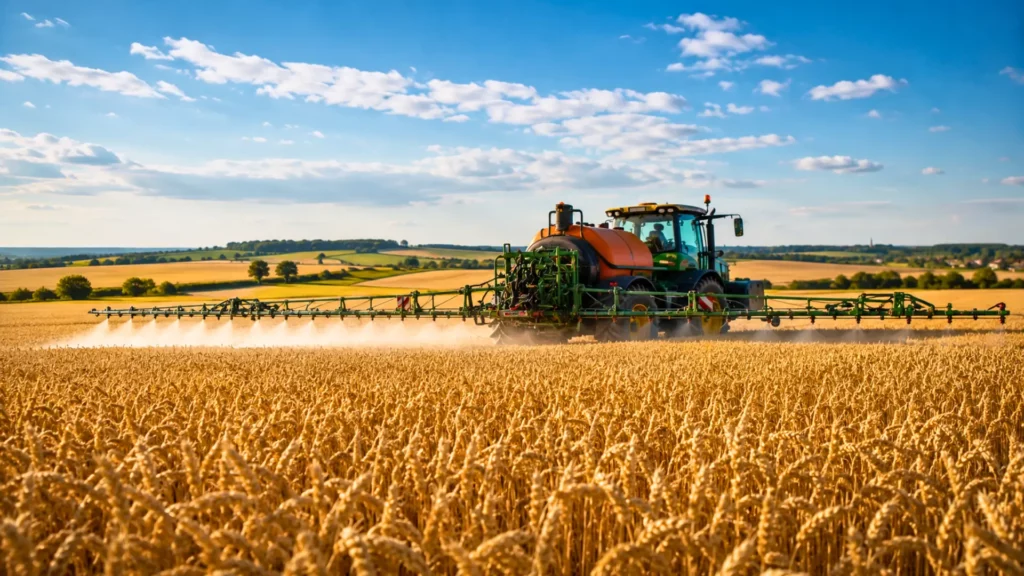 Pulvérisateur agricole en action dans un champ de blé en France, illustrant la question du cadmium dans les engrais phosphatés.