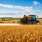 Pulvérisateur agricole en action dans un champ de blé en France, illustrant la question du cadmium dans les engrais phosphatés.