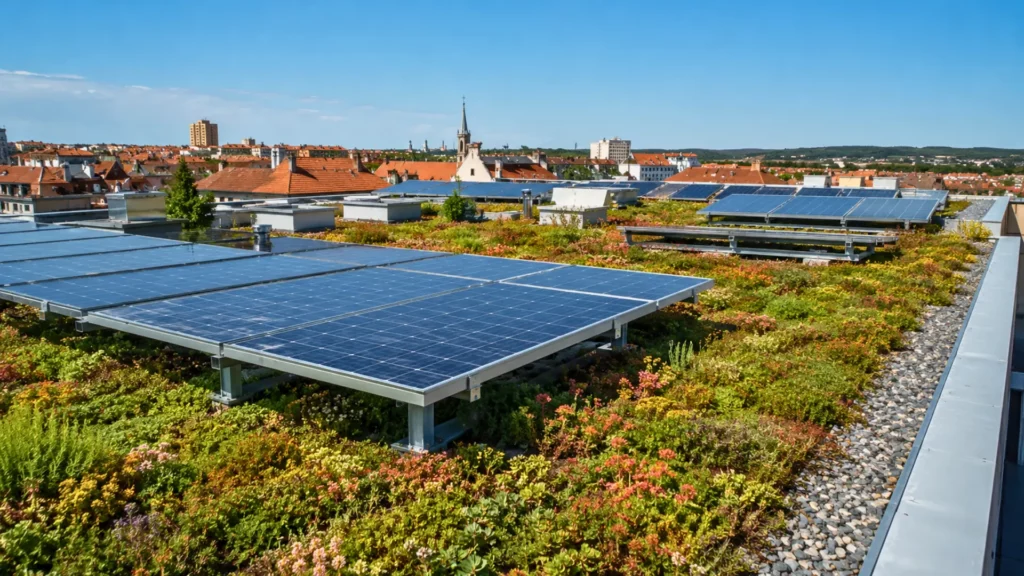 Panneaux solaires installés sur une toiture végétalisée en pleine journée d’été, avec des plantes basses sous les modules photovoltaïques.