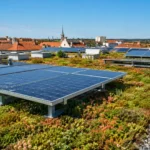 Panneaux solaires installés sur une toiture végétalisée en pleine journée d’été, avec des plantes basses sous les modules photovoltaïques.