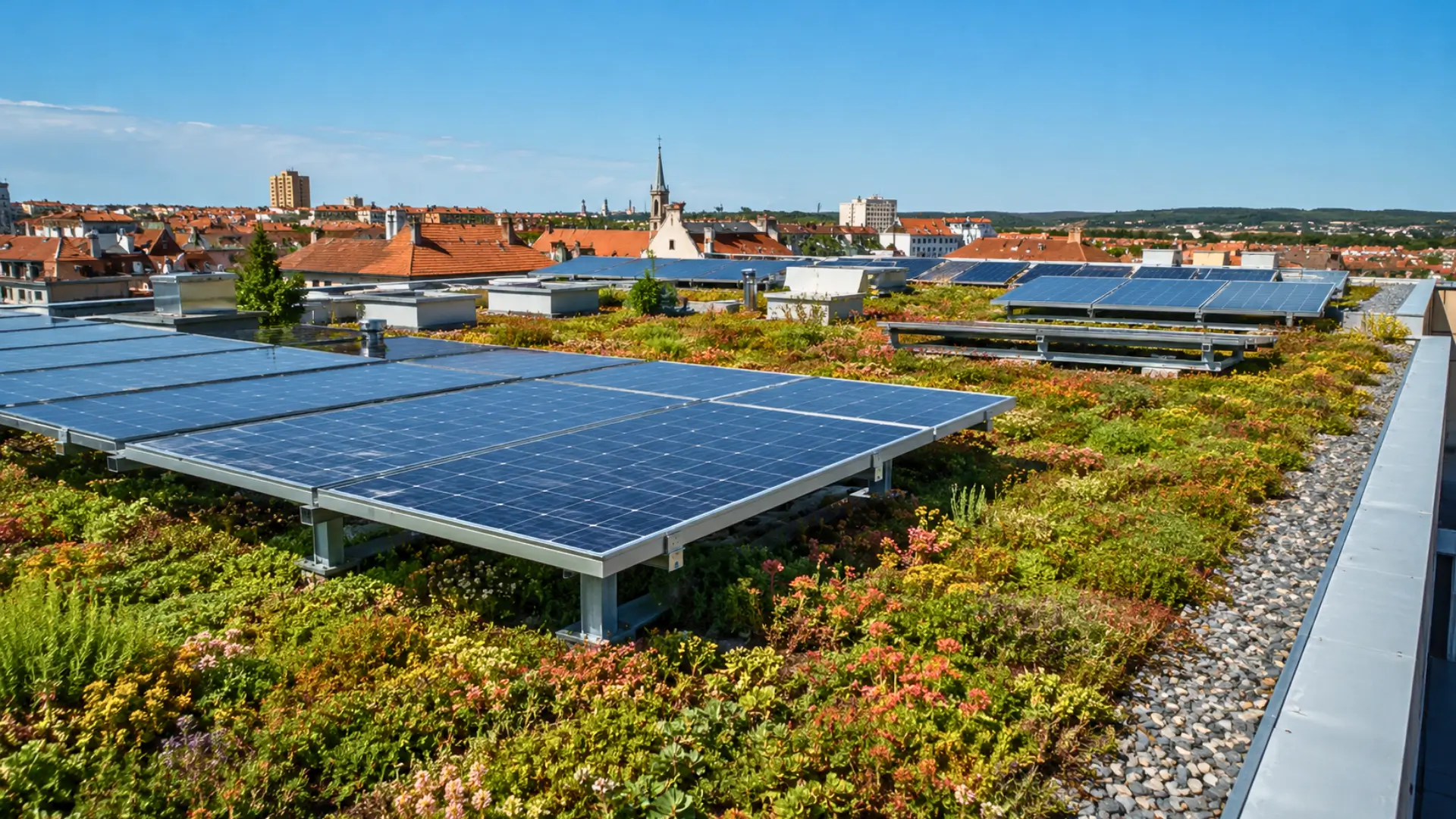 Panneaux solaires installés sur une toiture végétalisée en pleine journée d’été, avec des plantes basses sous les modules photovoltaïques.