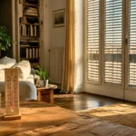 Salon lumineux avec volets fermés, thermomètre sur une table et lumière d’été filtrée pendant une canicule.