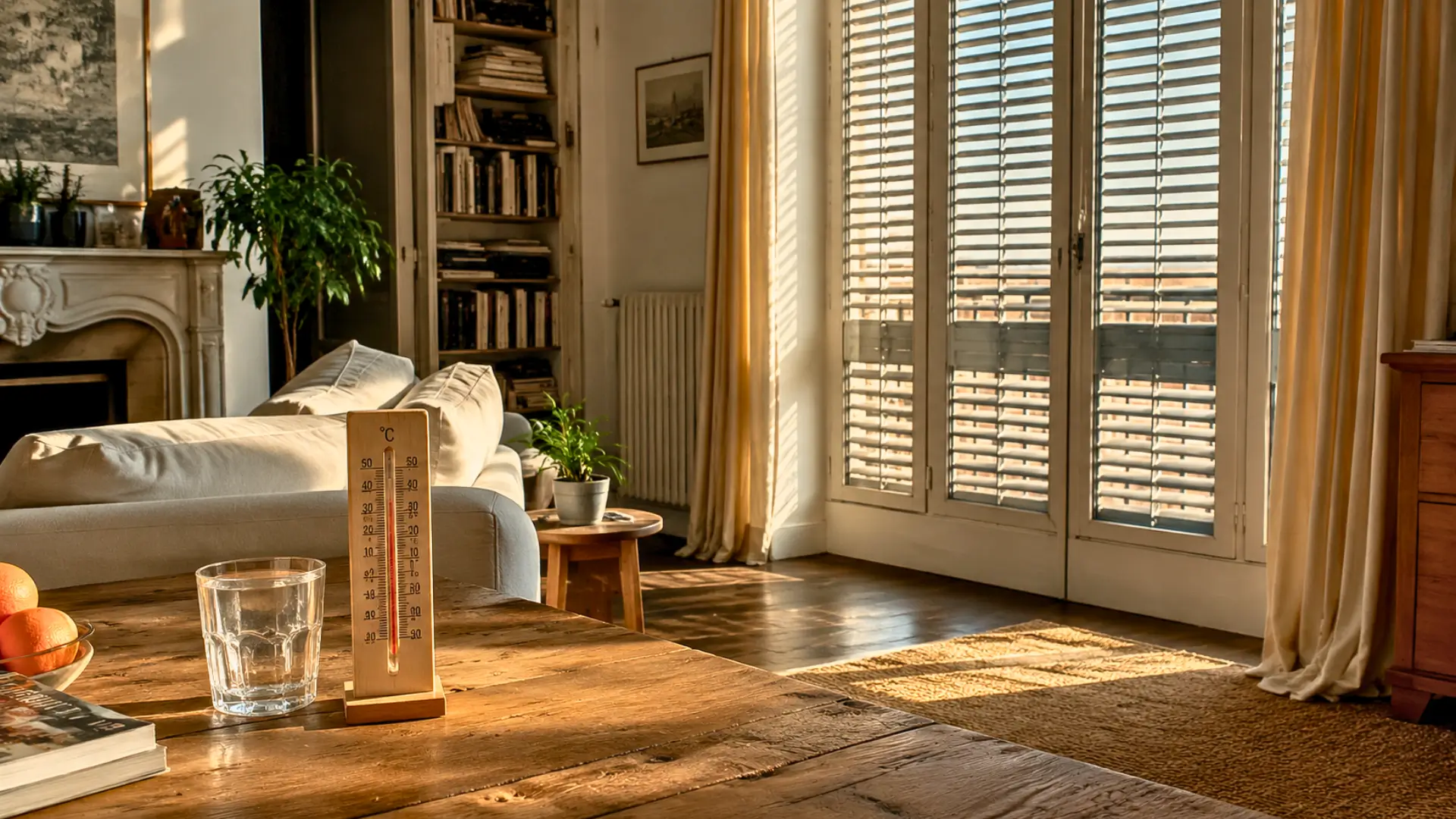 Salon lumineux avec volets fermés, thermomètre sur une table et lumière d’été filtrée pendant une canicule.