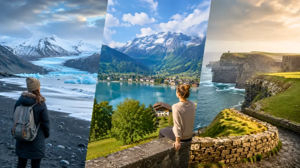 Collage réaliste de destinations paisibles avec glaciers d’Islande, lac alpin suisse et falaises verdoyantes d’Irlande.
