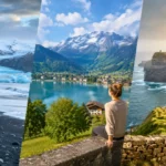 Collage réaliste de destinations paisibles avec glaciers d’Islande, lac alpin suisse et falaises verdoyantes d’Irlande.
