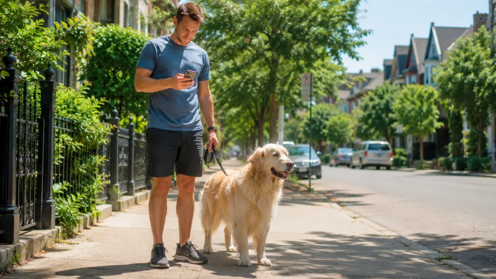 Homme consultant son smartphone avec un golden retriever sur un trottoir ensoleillé pour vérifier si la promenade est sûre.