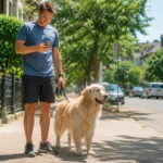 Homme consultant son smartphone avec un golden retriever sur un trottoir ensoleillé pour vérifier si la promenade est sûre.