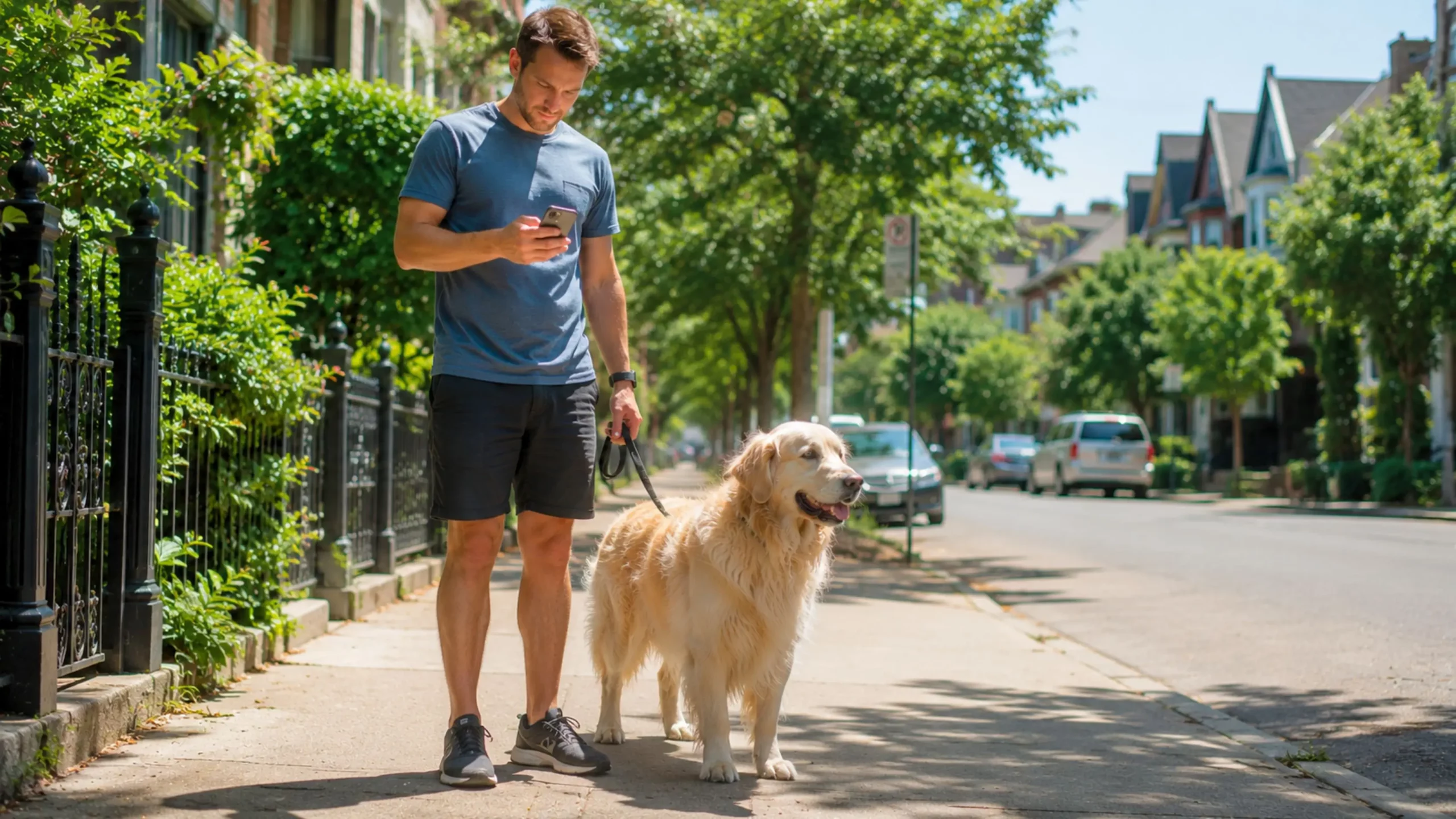 Homme consultant son smartphone avec un golden retriever sur un trottoir ensoleillé pour vérifier si la promenade est sûre.