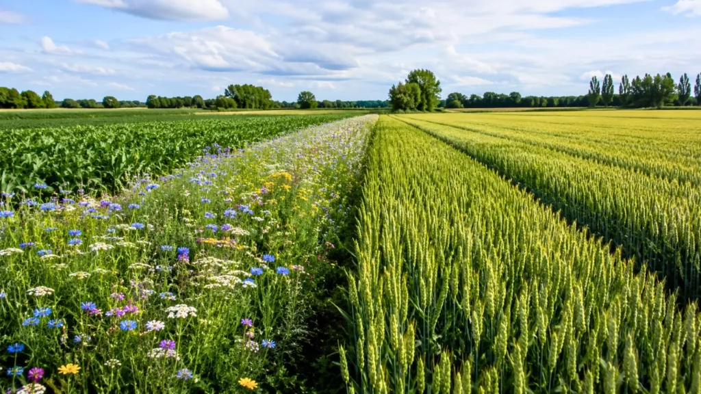 Champ de blé expérimental bordé de bandes fleuries favorisant la biodiversité agricole.