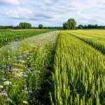 Champ de blé expérimental bordé de bandes fleuries favorisant la biodiversité agricole.