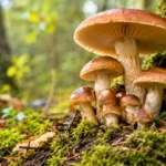 Champignons sauvages poussant dans la mousse au pied d’un arbre forestier.