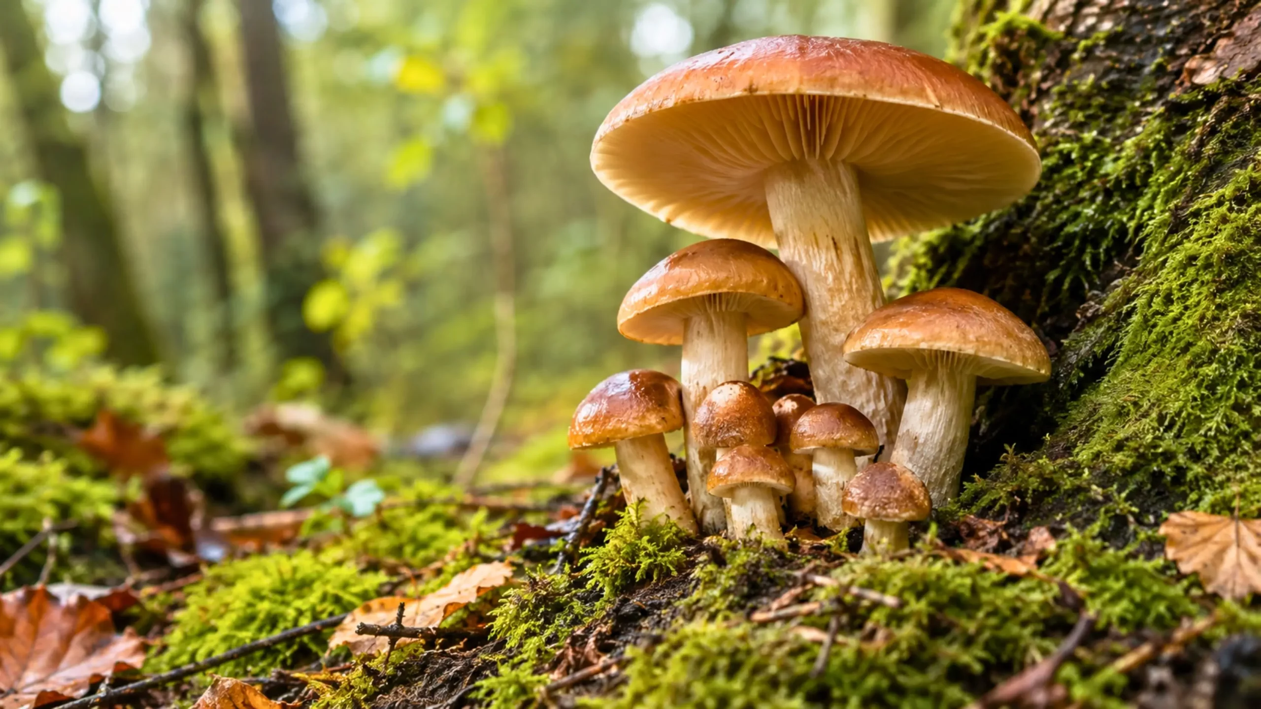 Champignons sauvages poussant dans la mousse au pied d’un arbre forestier.