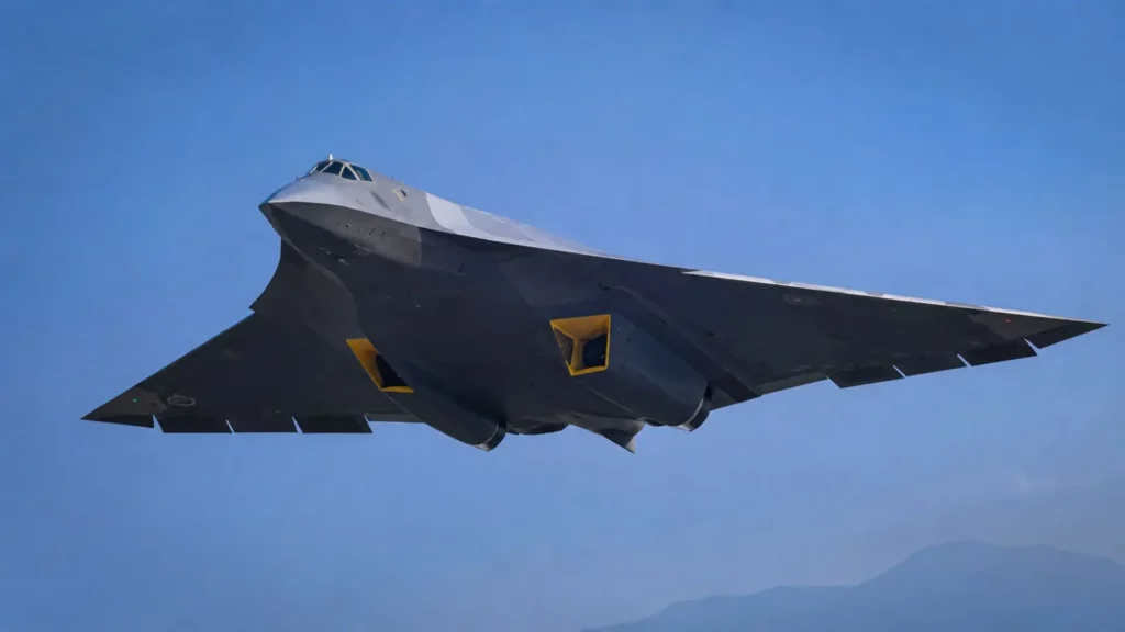 Un prototype de chasseur furtif chinois sans dérive verticale survole un ciel bleu, vu depuis le sol lors d’un vol d’essai.