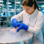 Scientifique manipulant des échantillons biologiques dans une cuve cryogénique au sein d’un laboratoire moderne de conservation génétique.