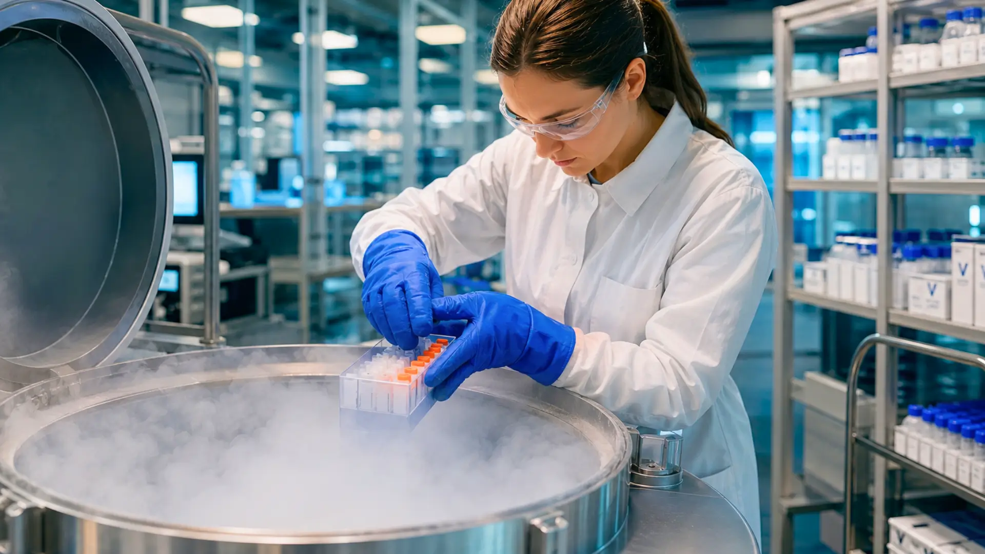 Scientifique manipulant des échantillons biologiques dans une cuve cryogénique au sein d’un laboratoire moderne de conservation génétique.