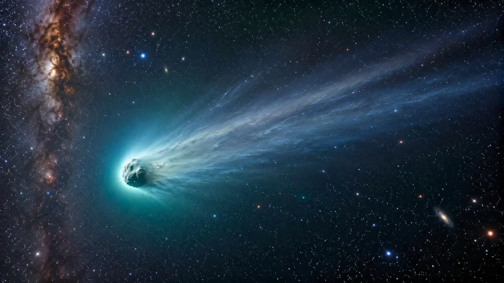 Comète interstellaire lumineuse traversant un champ d’étoiles profond et sombre.