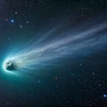 Comète interstellaire lumineuse traversant un champ d’étoiles profond et sombre.
