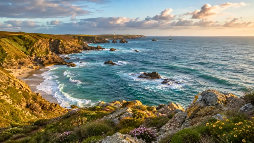 Littoral breton rocheux bordé par une mer agitée sous une lumière dorée.