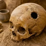Crâne ancien trépané présenté sur un plateau de fouille archéologique