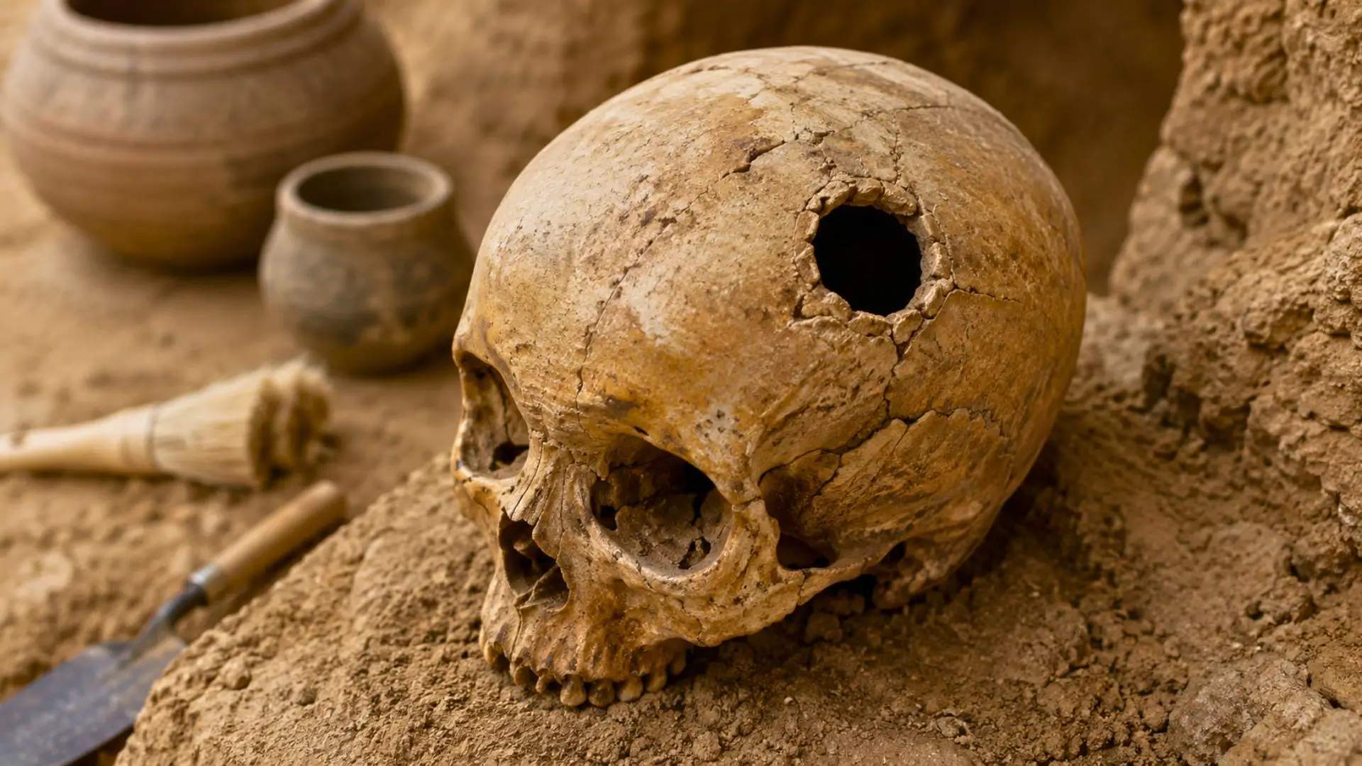 Crâne ancien trépané présenté sur un plateau de fouille archéologique