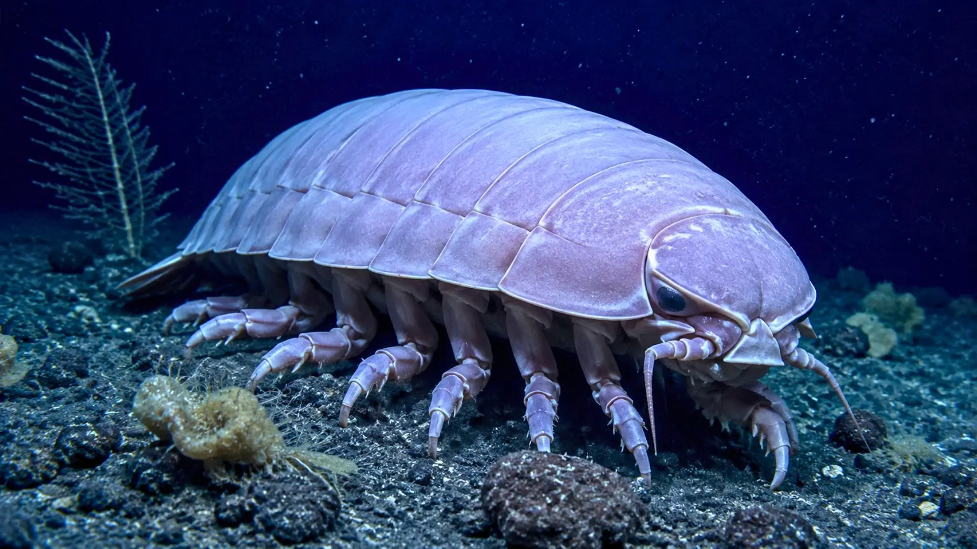 Crustacé géant des abysses posé sur un fond océanique rocheux sombre.
