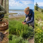 Montage photo en trois scènes montrant la cueillette sauvage en France : champignons en forêt, salicornes en baie littorale et plantes sauvages en montagne.