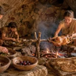 Mains préparant un repas préhistorique sur feu avec bois, pierres et aliments sauvages.