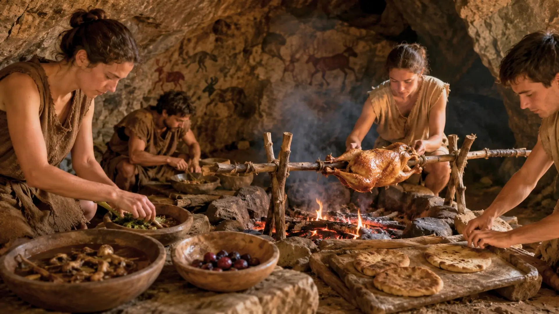 Mains préparant un repas préhistorique sur feu avec bois, pierres et aliments sauvages.