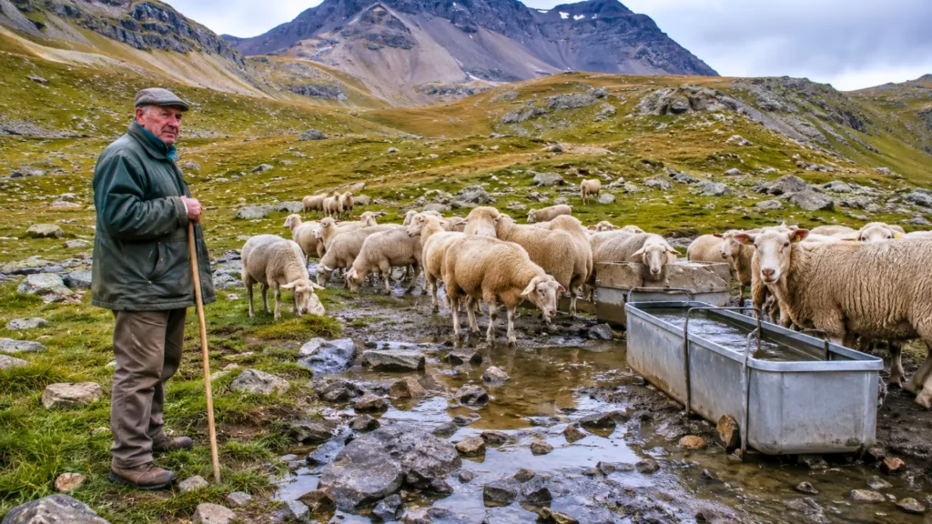 Berger âgé avec son troupeau de brebis près d’un ruisseau boueux et d’abreuvoirs métalliques dans un alpage des Alpes.
