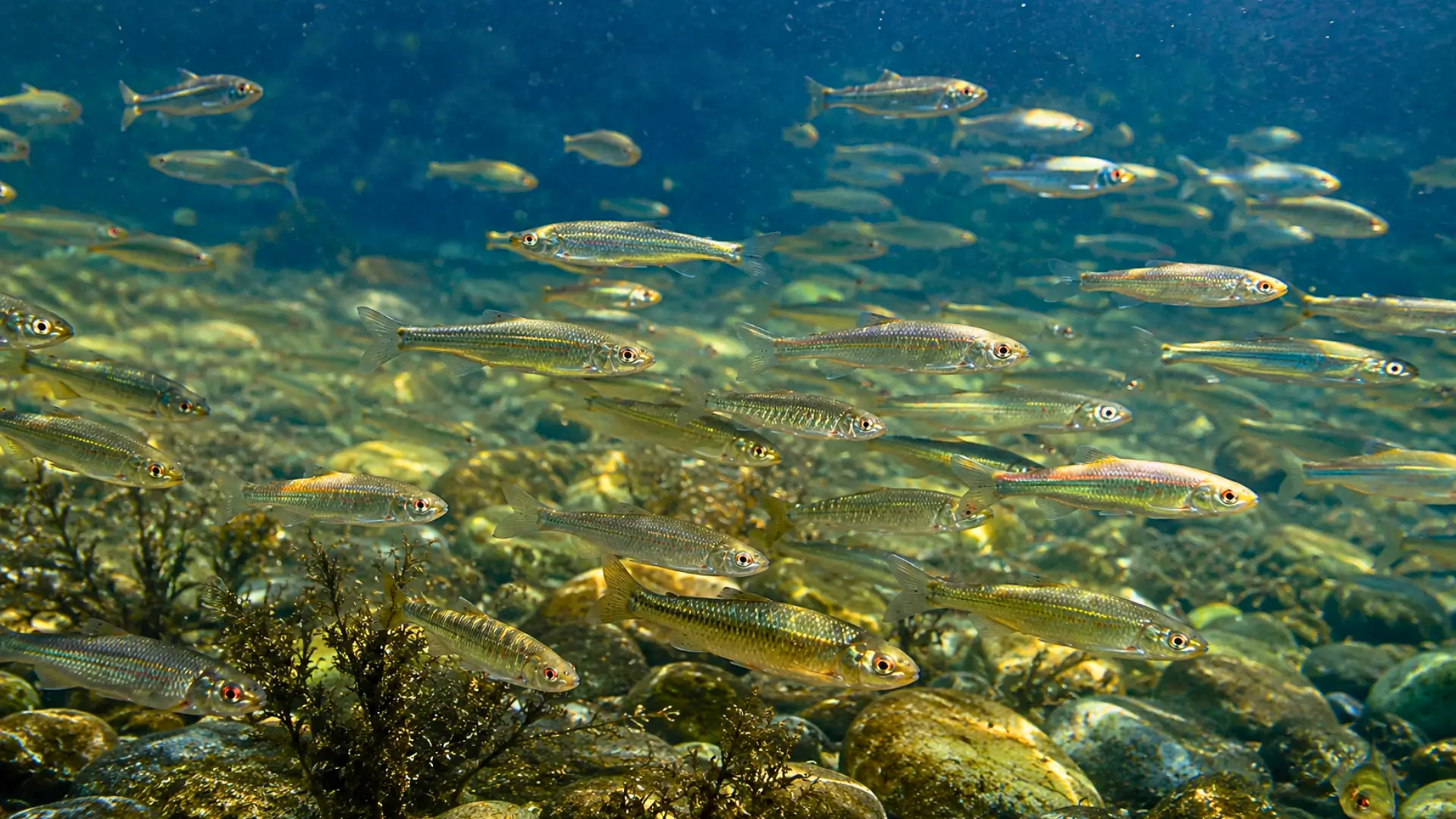 Banc de petits poissons nageant dans l’eau claire d’une rivière française au-dessus d’un fond de galets.