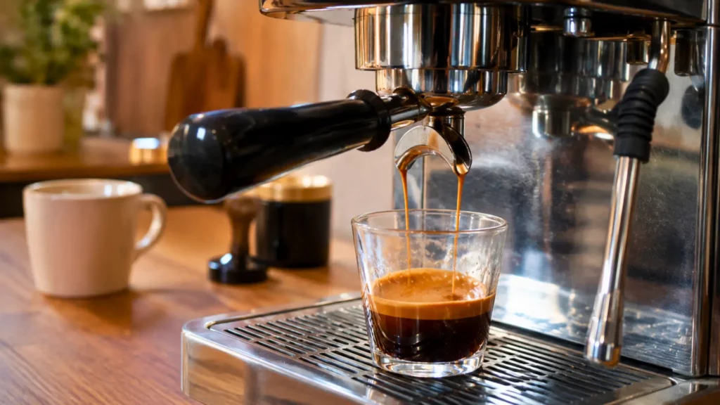 Espresso en cours d’extraction dans une tasse en verre sous une machine à café, dans une cuisine chaleureuse.