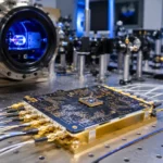 Puce photonique quantique connectée à des fibres optiques sur une table de laboratoire avec un dispositif laser en arrière-plan.
