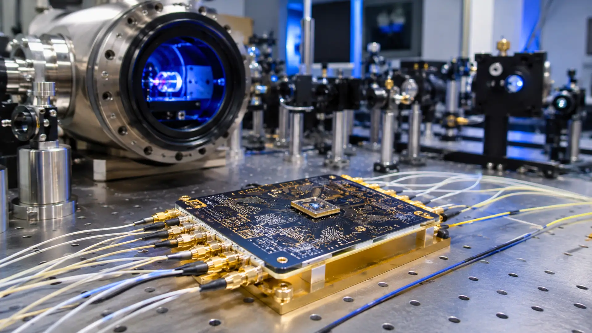Puce photonique quantique connectée à des fibres optiques sur une table de laboratoire avec un dispositif laser en arrière-plan.