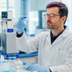 Chercheur en blouse blanche observant un flacon dans un laboratoire de recherche anticancer.