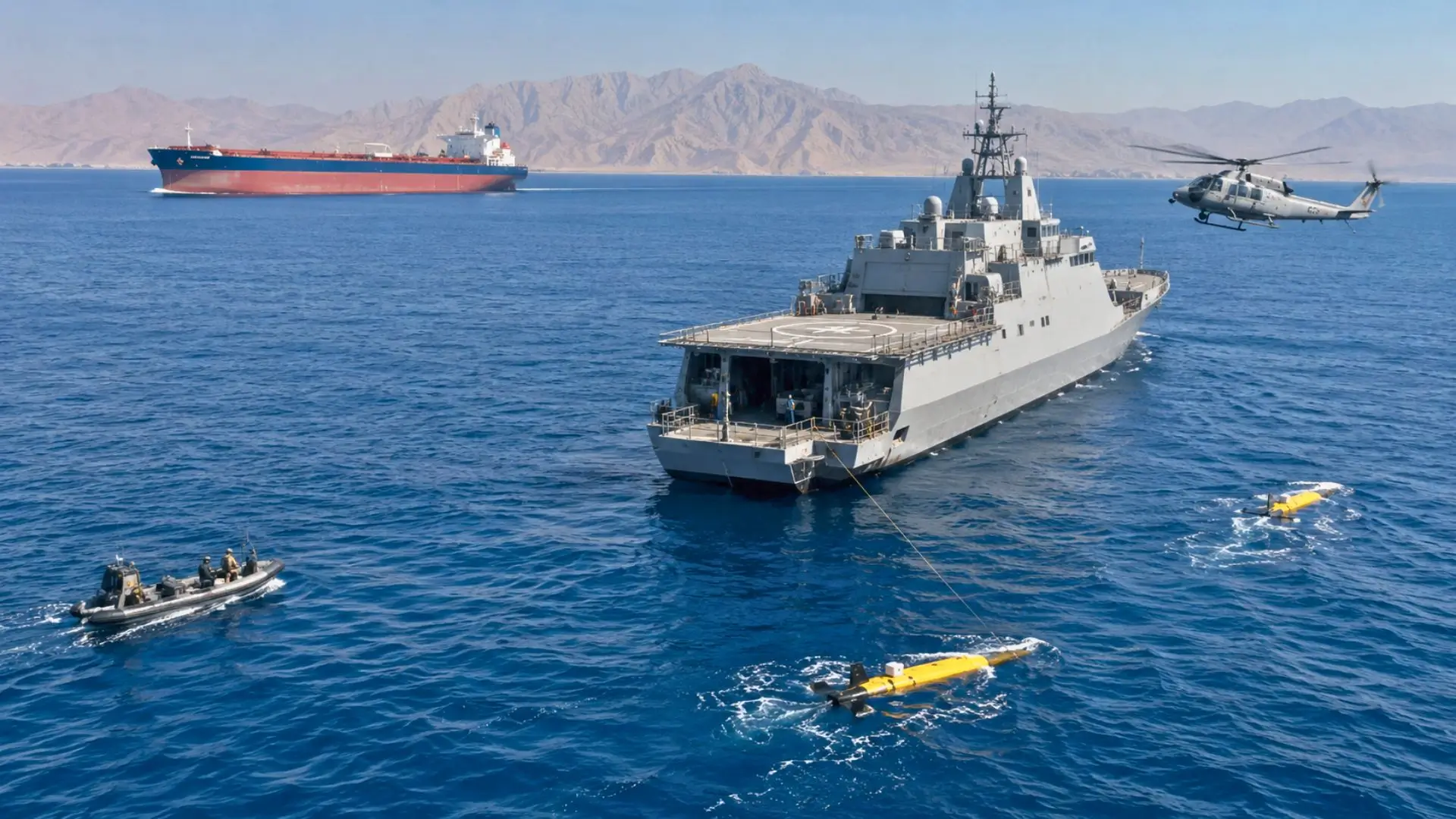 Navire militaire et drones maritimes sécurisant une voie de navigation stratégique.
