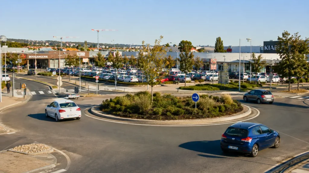 Rond-point paysager dans une zone commerciale française avec plusieurs voitures en circulation.