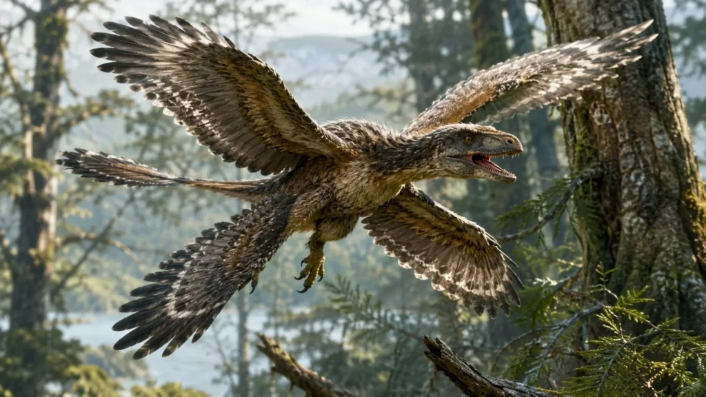 Petit dinosaure à plumes planant dans une forêt préhistorique près d’un lac.