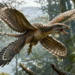Petit dinosaure à plumes planant dans une forêt préhistorique près d’un lac.